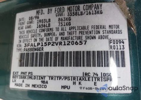 1997 Ford Escort Lx из США, поврежденный, VIN 3FALP15P2VR120657